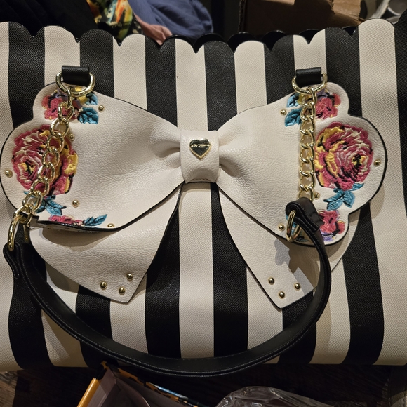 Betsey Johnson Handbags - Betsy Johnson Striped Black and White Handbag with Floral Embroidery